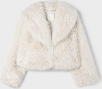 Stradivarius giacca con collo sciallato in pelliccia sintetica color ecru-Bianco
