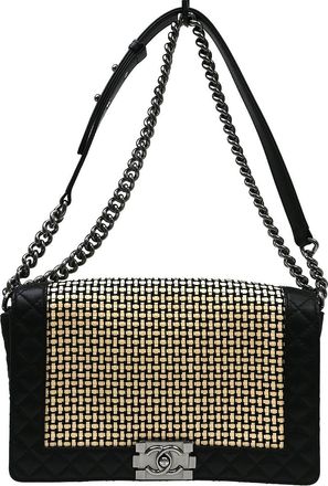 Chanel Reverso Boy Flap Woven Calfskin Black Leather Handbag (Pre-Owned)