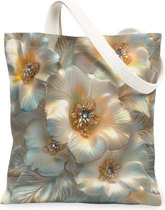 Generic Spring Primroses Flower Canvas Tote Bag for Shopping 13x15, 3D Style Luxury Florals Reusable Grocery Print Pattern Bag for Women, Cool Modern Beach Ae