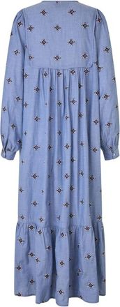 Lollys Laundry Blauwe Maxi Jurk met Geborduurd Patroon - Dames - Maxi kleedjes - Blauw - XS - Katoen - Kleedjes