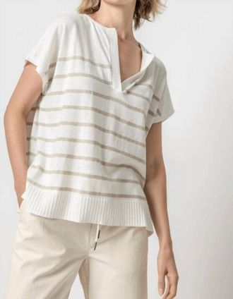 Lilla P Striped Split Neck Tunic Top In Linen Stripe