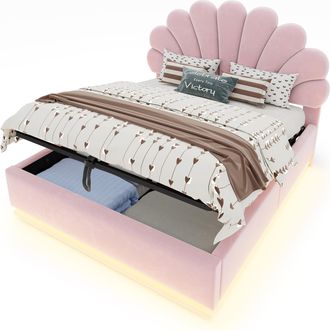 STILVORA Cama Con Almacenaje 140 X 200 Cm De Terciopelo, Cama Doble Con Led, Sin Colch&oacute;n, Rosa