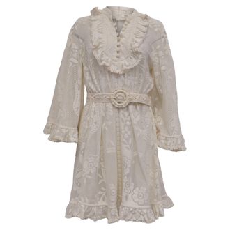 Zimmermann Tiggy Ruffled Crochet-Trimmed Lace Mini Dress in White Cotton