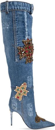 Dolce & Gabbana Denim Laarzen met Borduursel en Stenen - Dames - Over de knie laarzen - Blauw - 37 EU - Denim - Schoenen