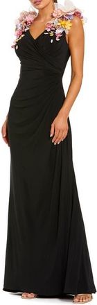 Mac Duggal Sleeveless Jersey Gown With 3D Flower Detail in Black Multi at Nordstrom, Size 12