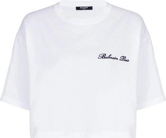Balmain T-shirt met handtekeningborduurwerk - Dames - T-shirts - Wit - XL - Katoen - Tops