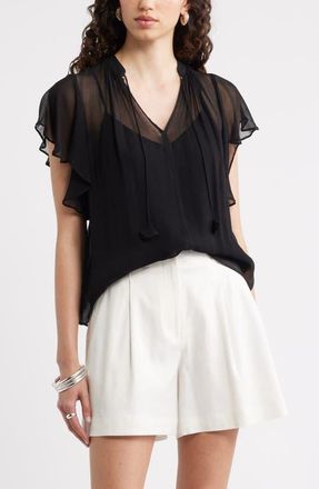 Nordstrom Flutter Sleeve Crinkle Chiffon Top in Black at Nordstrom, Size Xx-Small