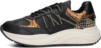 Omoda Schoenen, Dames, Zwart, 37 EU, Leer, Zwarte lage sneakers met bronzen accenten
