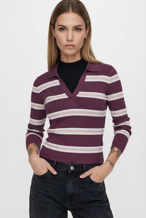 Only Polokragenpullover ONLY ONLKAYA LIFE LS STRIPE POLO NOOS KNT, Damen, Gr. XL, grape wine stripes:cloud dancer, pale lila, Strick, Obermaterial: 70% Vis