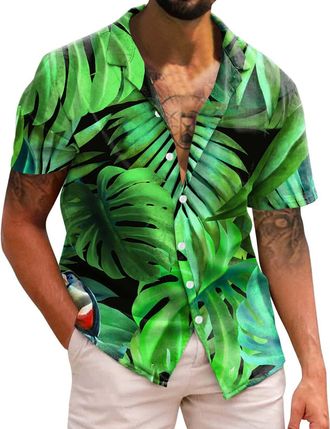 Generic Men Casual Short Sleeve Spring Summer Turndown Neck 3D Printed Shirts Fashion Top Blouse Shirts Mens t Shirts (Green, XXL)