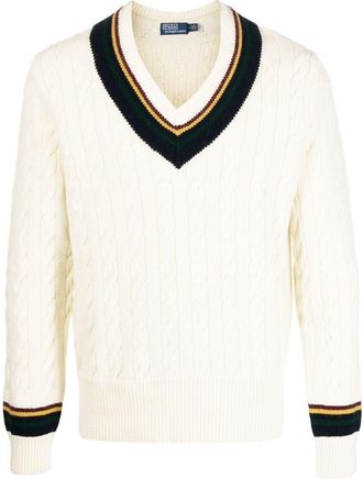 Polo Ralph Lauren stripe-trim V-neck jumper - men - Wool/Cashmere - L - White