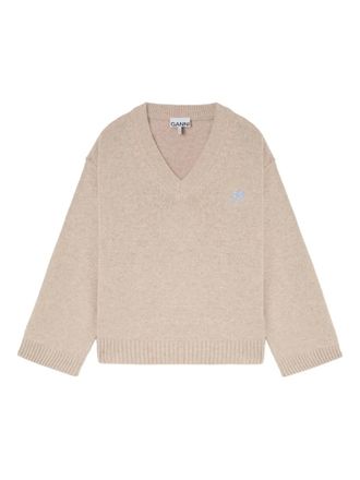 Ganni V-neck ribbed sweater - women - Wool/Viscose/Circulose - XXS/XS - Neutrals