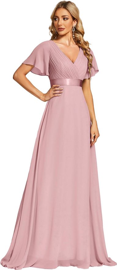 long empire waist evening dress with short flutter sleeves Empire Waist Metallic Knit Dress with Surplice Neckline, Flutter Sleeves, Embellishment Detail at Hip and Cascade Skirt