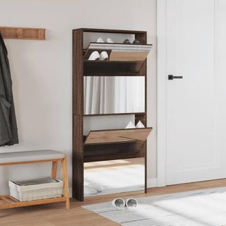 Berkfield Home Shoe Cabinet with Mirror 4-Layer Brown Oak 63x17x134 cm | Size: 63 x 17 x 134 cm