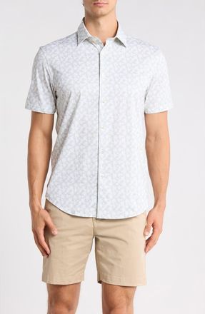 Bugatchi OoohCotton Palm Tree Print Short Sleeve Button-Up Shirt in Sand at Nordstrom Rack, Size Xxx-Large