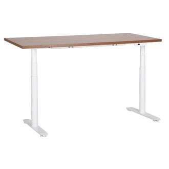 Beliani Beliani - Escritorio De Altura Regulable El&eacute;ctrico Dise&ntilde;o Moderno Patas Redondas 160 X 72 Cm Tablero Madera Oscura Soporte De Acero Blanco Destinas
