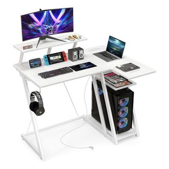 Costway Costway - Scrivania Angolare Salvaspazio, Scrivania da Gaming con Prese, Porte usb, Ripiano per Monitor, Gancio per Cuffie, Ripiano e Supporto per