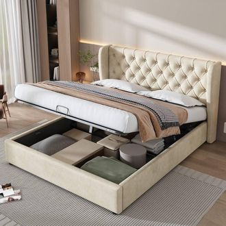 Matteo Functional Upholstered Bed with Hydraulic Lever, Beige Velvet | Size: Double