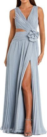 Mac Duggal Pleated Chiffon Cutout Gown with 3D Flower Detail in Slate Blue at Nordstrom, Size 12