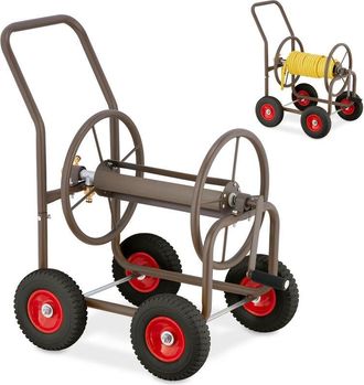 Relaxdays Relaxdays Carro Portamangueras, Hasta 60 M, 4 Ruedas Neum&aacute;ticas, Acoplamiento Por Clic, Soporte Mangueras Metal, Marr&oacute;n