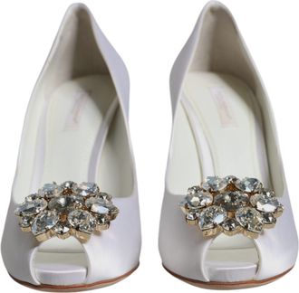 Dolce & Gabbana White Crystals Peep Toe Satin Pumps Womens Shoes (Pre-Owned)