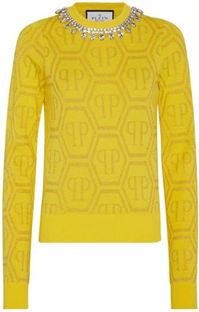 Philipp Plein Pullover Round Neck Monogram - Dames - Ronde hals truien - Geel - M - Katoen - Truien & Vesten