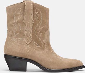 Stradivarius stivaletti cowboy con tacco in pelle beige-Neutro