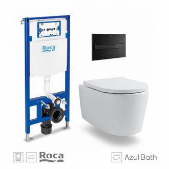 Roca Roca - Bastidor Duplo Cisterna Empotrada Y Pulsador Pl7 Negro Mate Con Inodoro Suspendido Rimless Lia Blanco Br Aqua