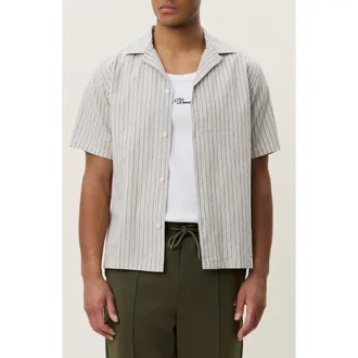 Les Deux Stripe Cotton & Linen Camp Shirt in Dark Sand at Nordstrom, Size Xx-Large
