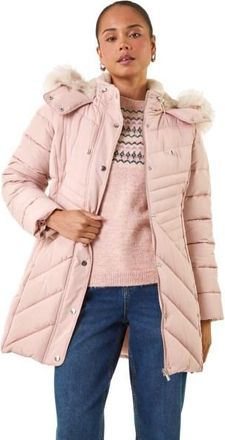 Roman Womens Petite Hooded Longline Quilted Coat - Light Pink - Size 12 UK