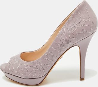 Versace Purple Embroidered Leather Peep Toe Platform Pumps