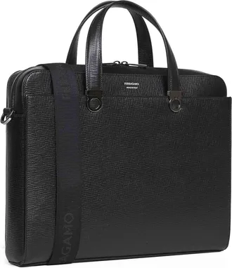 Ferragamo Mens Briefcase Gancini Black Calf Leather Handbags Hand Bags