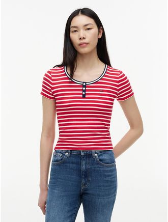 Tommy Hilfiger Womens Tommy Jeans Striped Rib-Knit Henley - Red - XL