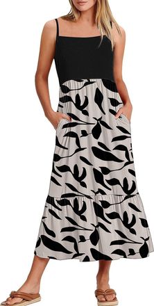 Generic Warehouse Deals Clearance Maxi Dresses for Women UK with Pocket Fashion Floral Print Spaghetti Dress Elegant Square Neck Pleated Sundress Casual Women