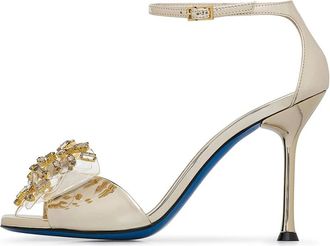 Loriblu Sandaal van platina spiegel leer met plexy strik en stenen - Dames - Sandalen met hakken - Geel - 35 EU - Leer - Schoenen