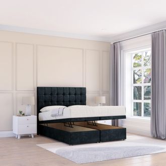 Sloomy Alabama Naples Fabric Ottoman Bed End Opening With Sprung Memory Mattress & 26 Inch strut Headboard in Black | Size: Single