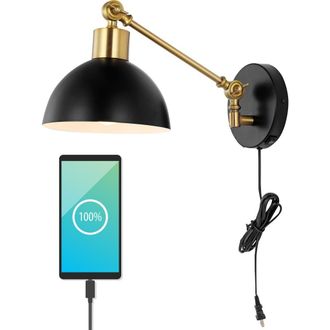 Jonathan Y Designs Lisa Swing Arm 1-Light Modern Midcentury Iron USB Charging Port LED Sconce in Black at Nordstrom