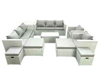 Fimous 10 Pieces Rattan Garden Furniture Set Outdoor Garden Sofa Chair Coffee Table Set with 4 Footstools Side Table Light Grey Mixed