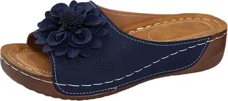 Generic Casual Sandals For Women Thick Soled Flower Fashion Casual Women Shoes Solid Color Open Toe Hollow Slippers Soft Breathable Outdoor Wedges Shoes (Blue