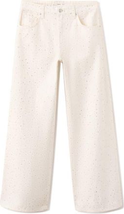 Mango Rhinestone Embellished Wide Leg Jeans in Off White at Nordstrom, Size 14