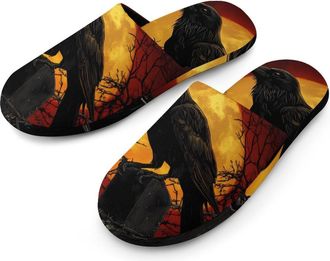 Generic Raven Moon Mens Slippers Flannel Warm House Shoes with Rubber Anti-Slip Sole Slip On for Home Outdoor