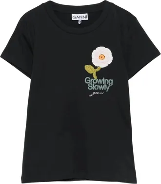 Ganni T-shirt met ronde hals - Dames - T-shirts - Grijs - XS - Katoen - Tops