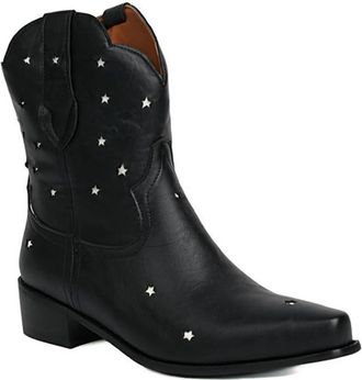 Generic Womens Wide Calf Cowgirl Ankle Boots with Hollow Out Stars Square Toe Block Heel Pull On Vintage Western Shoes (Black,7.5)