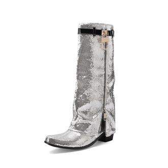 Generic Womens Sequined Mid-Calf Boots Metallic Lock Detail Side Zipper Pointed Toe Low Block Heels Glossy Strap Comfortable Non-Slip Durable Design,Silver,5.