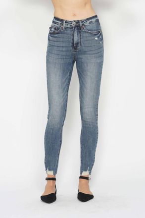 Judy Blue High Waist Tummy Control Vintage Wash Destroyed Hem Skinny Jeans In Grey