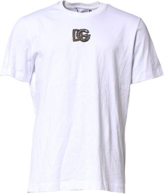 Dolce & Gabbana White Logo Embroidery Crew Neck Mens T-shirt (Pre-Owned)