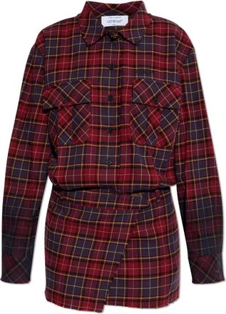Off-white Geruite ribfluwelen jurk - Dames - Shirt Kleedjes - Rood - M - Katoen - Kleedjes