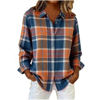 Generic Ladies Flannel Checked Shirt Cotton Long Sleeve Button Down Plaid Blouse Oversized Loose Casual Check Tops Soft Breathable Womens Plaid Shirts for Dai