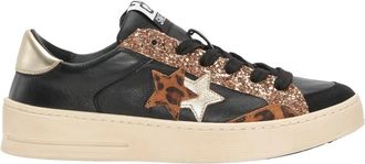 2Star 2Star, Schoenen, Dames, Zwart, 35 EU, Zwarte leren sneaker met gouden en luipaard details