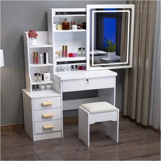 Trade Shop Trade Shop Traesio - Set Tavolo Da Toeletta Per Trucco Cosmetici Con Specchio Led Morbido Sgabello Cassetti - Bianco